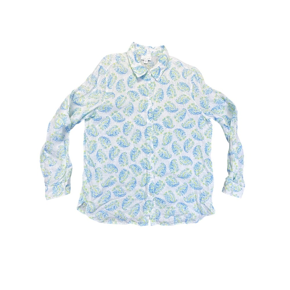 J. Jill Love Linen White Printed Paisley Button Down Shirt sz S 100%‎ Linen NWOT